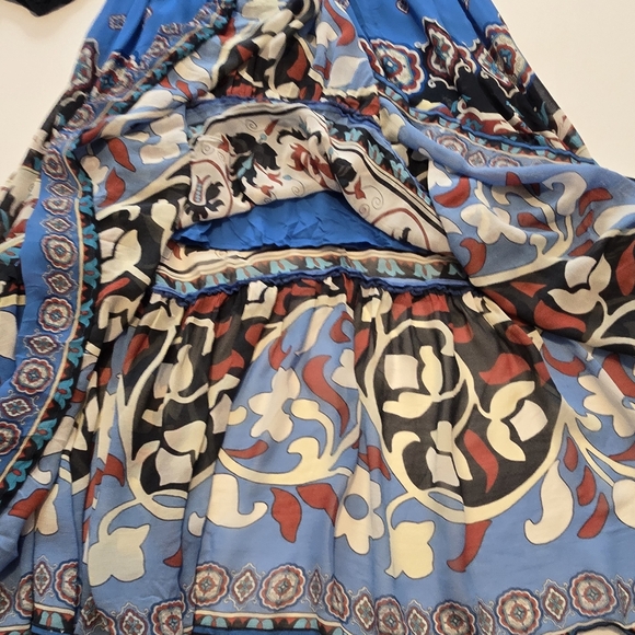 FARM Rio Anika Tiles Blue Maxi Dress Gown Long Sleeve V-Neck - Picture 4 of 14